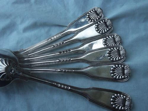 1818 STUNNING SET OF 6 PAUL STORR FIDDLE THREAD AND SHELL TABLESPOONS 570G - ADDITIONAL PHOTO 1