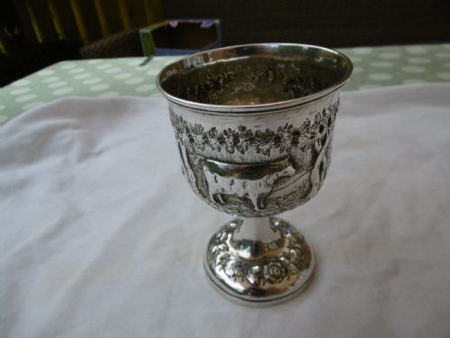 1858 fine exeter silver goblet with farming scenes 150 grams - CATEGORY: ANTIQUE SILVER - DATED 19TH CENTURY