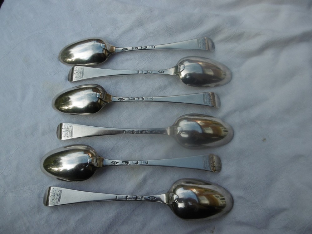 1759 very rare set of 6 Georgian Dessert spoons by lady maker E Tookey great crest
