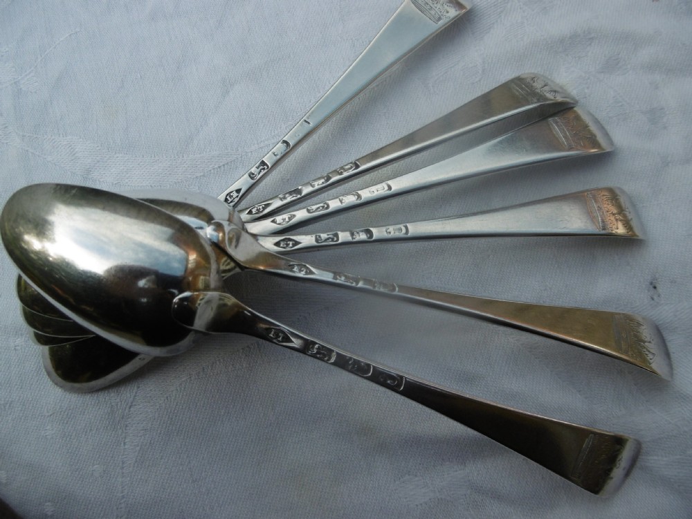 1759 very rare set of 6 Georgian Dessert spoons by lady maker E Tookey great crest View II