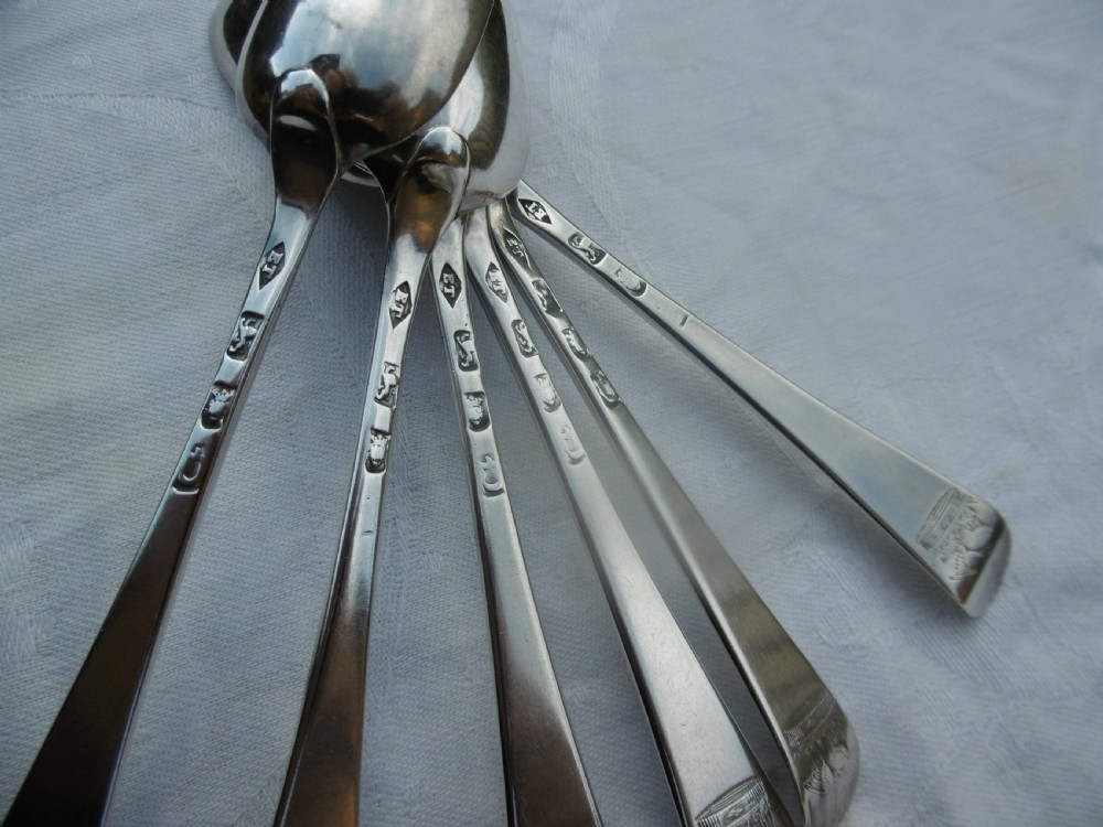 1759 very rare set of 6 Georgian Dessert spoons by lady maker E Tookey great crest View III
