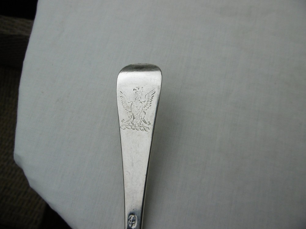 1736 very rare Irish silver spoon by Esther Forbes great marks and crest View III