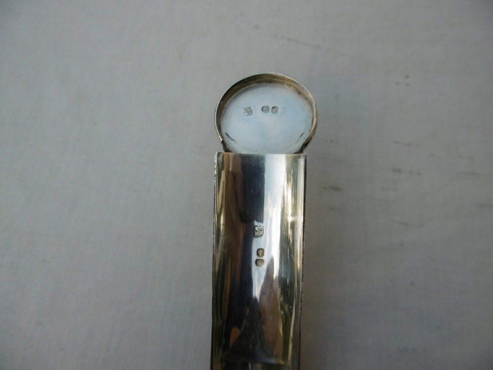 An open Victorian cylindrical silver nutmeg grater displaying an internal steel rasp and hallmarked silver fold-out interior. View III
