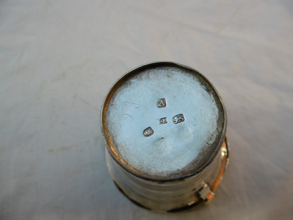 A George II sterling silver cream pail with a reeded bucket body and an overhead swing handle. View III
