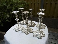 1830 FINE SET OF 5 WILLIAM 1V SILVER CANDLESTICKS BY WATERHOUSE HODGSON
