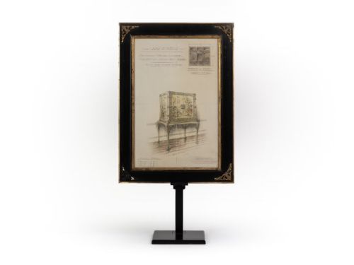 fig 1. An antique watercolour architectural design drawing depicting a cream chinoiserie lacquer cabinet on an ornate carved gilt stand.