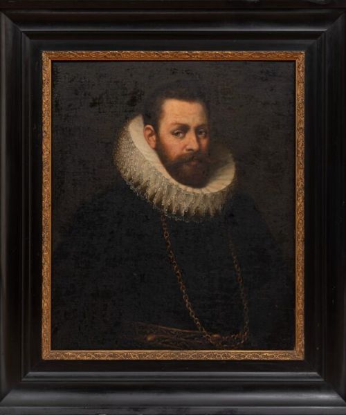 An antique oil painting depicting a bearded nobleman dressed in a black coat with a detailed white lace ruff collar. View II