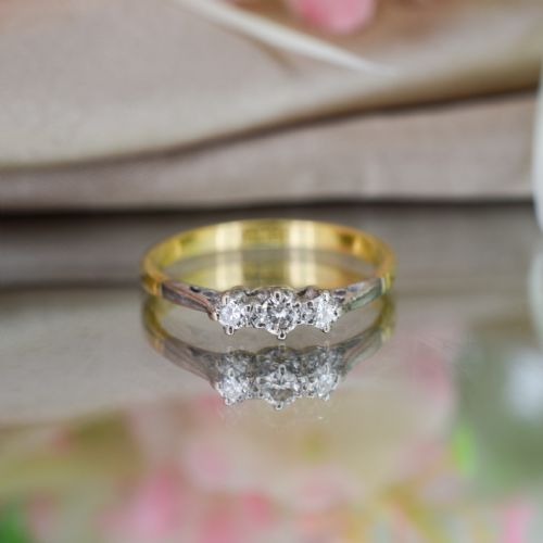 Antique Diamond Three Stone Trilogy 18ct 18K Gold Engagement Ring - Vintage