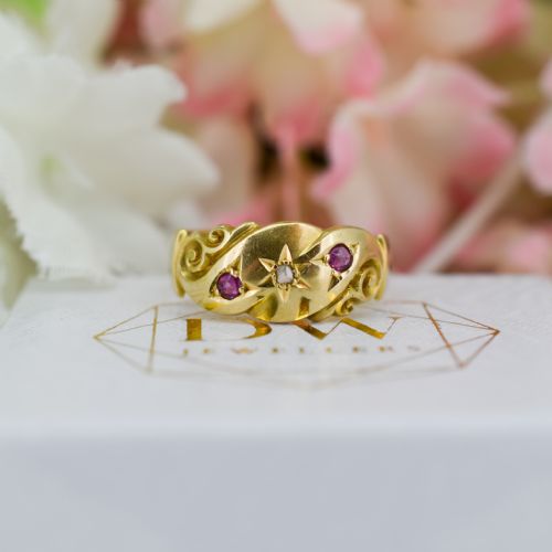 Antique Victorian Ruby and Diamond '1865' 18ct 18K Yellow Gold Scroll Ring