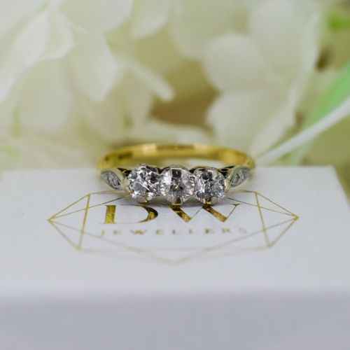 Antique Art Deco Diamond Three Stone Trilogy 18ct Yellow Gold Platinum Ring - Engagement