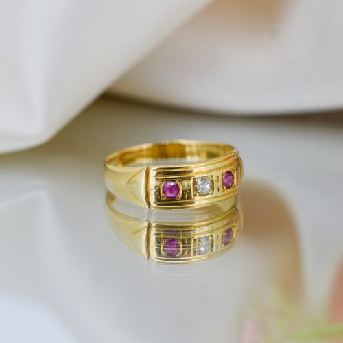 Antique Victorian Ruby and Old Cut Diamond 18ct Gold Band Ring - Dated 1882