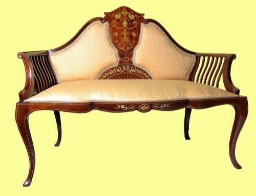 Quality Inlaid Marquetry  Mahogany Antique Settee of Small Porportions