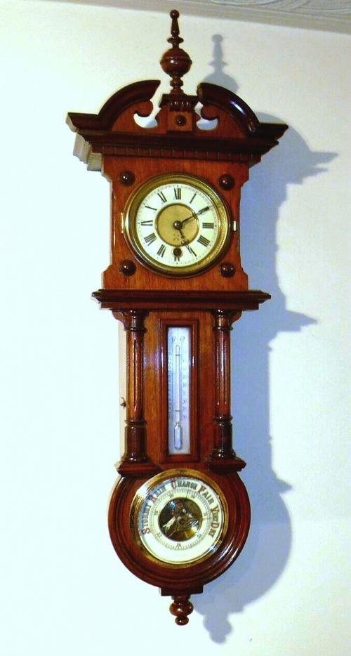 Unusual 19th Century 8 Day  Wall Clock with Therometer and Aneroid Barometer Incorporated