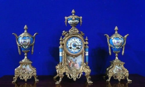 Victorian Gilted Metal and Painted Porcelain Three Piece French Antique  Clock Set