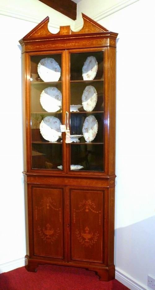 Beautiful Marquetry  Inlaid Mahogany Antique Corner Cabinet
