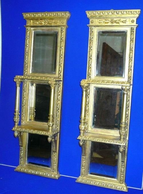 Pair of Victorian Gilted Wall Bracket Shelves with Mirrors