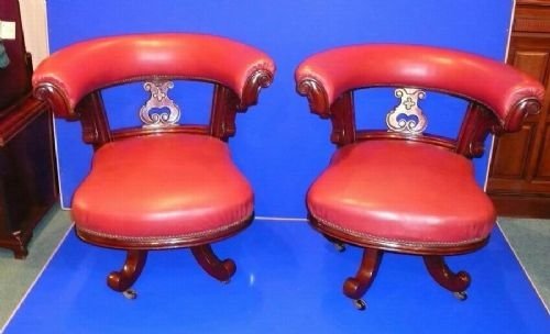 Pair of Rare Victorian Mahogany Swivel Antique Desk Chairs