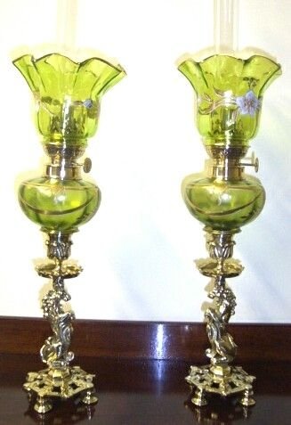 Pair of Art Nouveau Painted Green Glass Oil Peg Lamps
