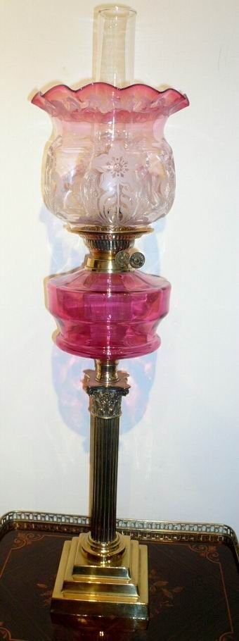 Quality Victorian Corinthian Column Antique Oil Lamp with Ruby Bowl and Etched Tulip Shade 
