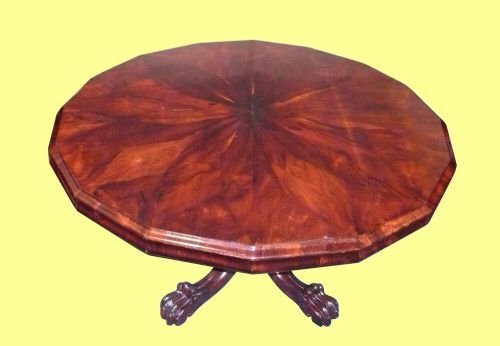 19th Century Rosewood 16 Sided Antique Center Table on Carved Shaped Pedestal with Paw Feet