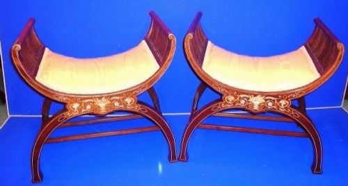 Pair of Beautiful Inlaid Mahogany X Framed Antique Stools