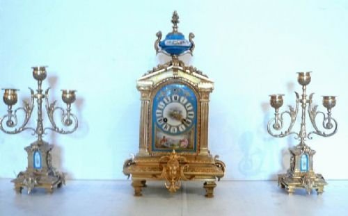 Beautiful Victorian Three Piece Ormolu and Painted Porcelain Clock Set