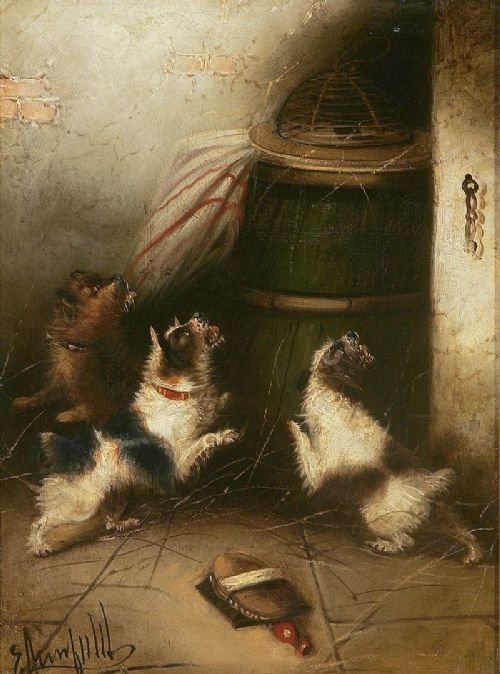 Oil Painting of Three Terriors
in Barn
signed Armfield
