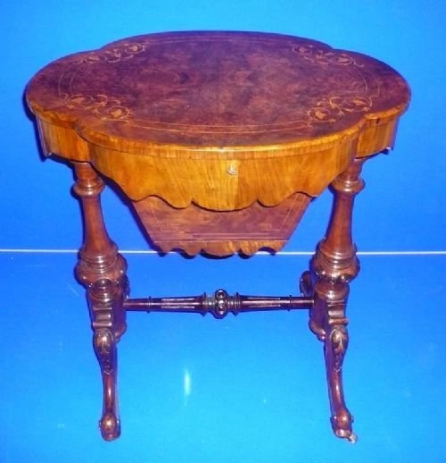 Super Victorian Inlaid Burr Walnut Antique Sewing/work Table