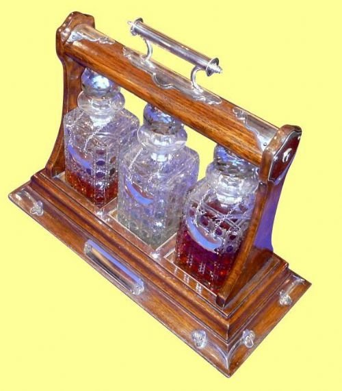 Superp Quality Victorian Silver Plate Mounted Antique Oak Tantalus
