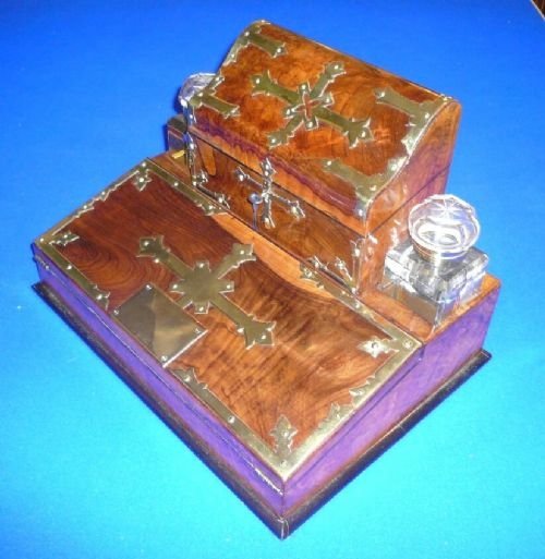 Superb Victorian Brass Bound Burr Walnut Writing Slope Complete with Ink Wells