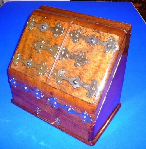 Quality Brass Bound Burr Walnut Writing Box 
Complete with Ink Wells and Calendar
