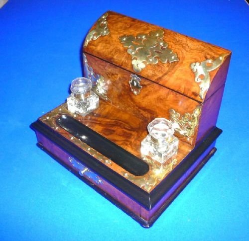 Superb Quality Victorian Brass Bound Burr Walnut Antique Writing Slope/box Complete with Ink Well