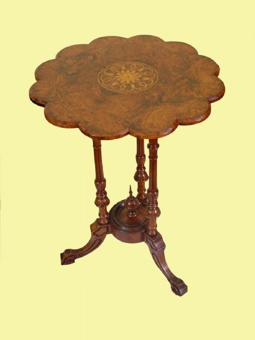 Stunning Victorian Inlaid  Burr Walnut Antique Wine Table with Tri Pillar Base