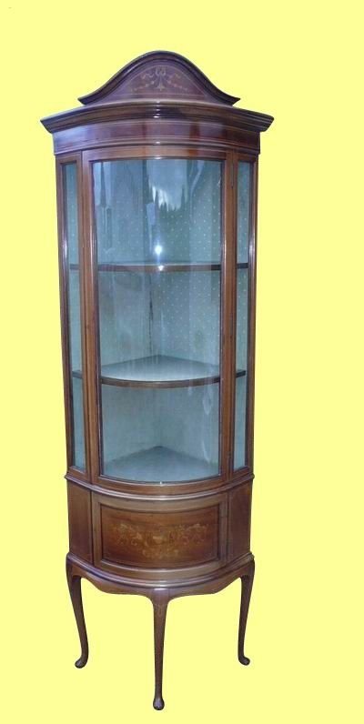 A Beautiful Edwardian Mahogany Inlaid Bow Fronted Corner Display Cabinet,