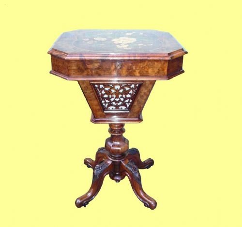 Superb Quality Victorian Burr Walnut  Sewing Table with Marquetry Top