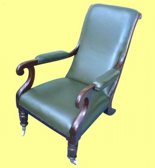 William IV Mahogany Library Chair Upholstered in Green Leather