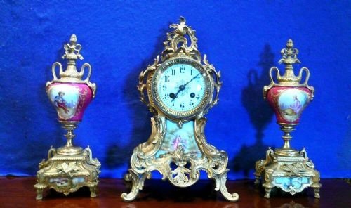 Lovely Three Piece Gilted Metal and Painted  Porcelain [Pink Back Ground }Victorian Antique Clock Garniture