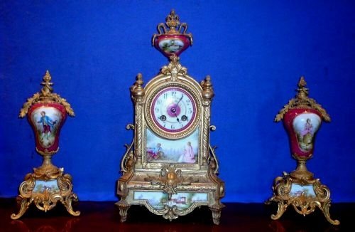 Quality Victorian Gilted Metal and Porcelain 3 Piece Pink Clock Set