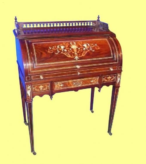 Superb Quality Antique Inlaid Rosewood Cylinder Desk