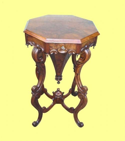 Superb Victorian Burr Walnut Antique Cradled Trumpet Sewing Table
