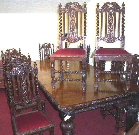 Victorian Carved Oak  2 Leaf Dining Table 
C1890 48ins Wide X 92ins Max Long Together with 10 Carved and Turned Oak Dining Chairs