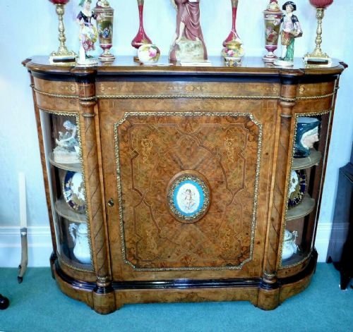 Superb Victorian Inlaid Burr Walnut Ormolu Mounted Antique Credenza of Small Porportions