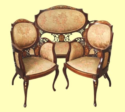 Magnificent Antique Inlaid Mahogany Settee and Two Chairs