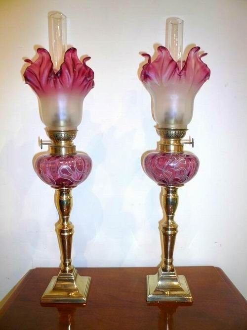 Pair of Victorian Ruby Glass and Brass Antique Peg Lamps