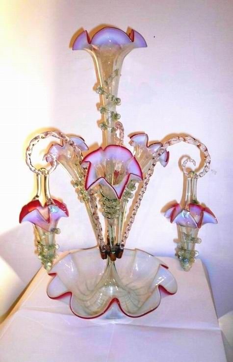 Antique Victorian Vaseline and Cranberry Glass Epergne