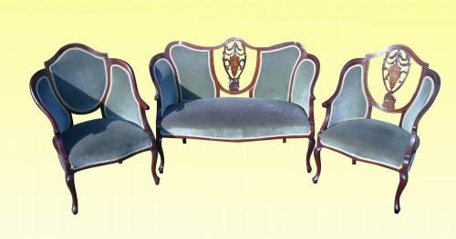 Antique Inlaid Mahogany Three Piece Parlor Suite