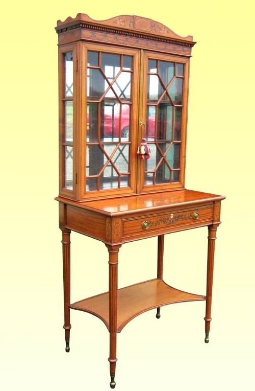 Quality Inlaid Painted Satinwood Display Cabinet