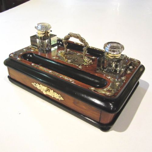 Victorian Brass Bound Walnut and Black Antique Desk Set
