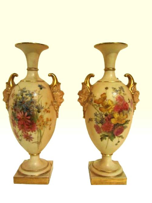 Lovely Pair of Antique Blush Hand Painted Royal Worcester Vases