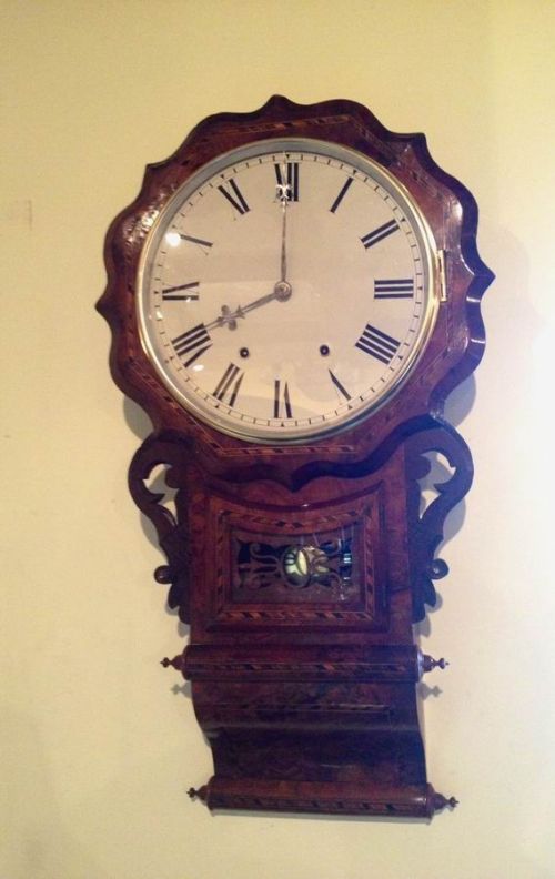 Antique Inlaid Walnut Drop Dial Wall Clock  
